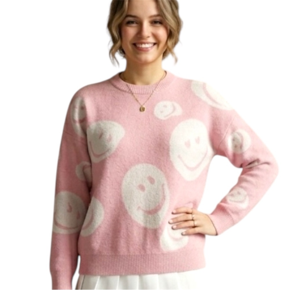 Forever 21 Pink & White Miles of Smiles Knit Pullover Sweater Size Small - Picture 2 of 12